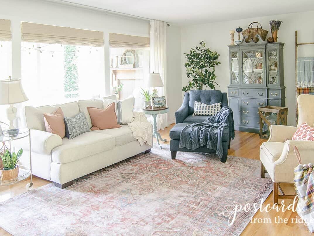 客厅与区域地毯和白色沙发