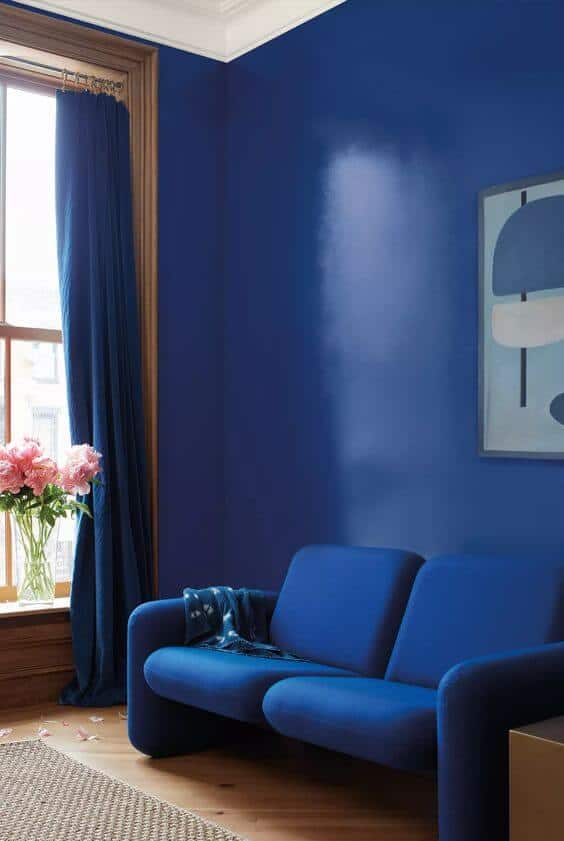 客厅有深蓝色的墙壁和沙发